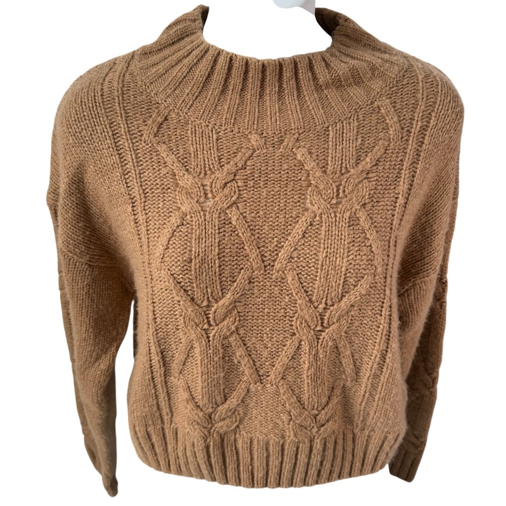 Womens Cable Knit Cropped Sweater Sz Small Camel Brown Mock Neck Academia Chunky